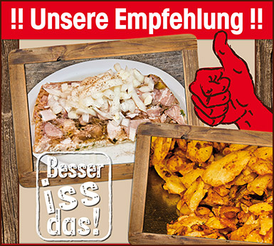 Nur in den Sommermonaten! Kerscher's Hausgemachte Fleischsülze: mit Bratkartoffeln € 6,00, mit Brot € 4,50, zum Mitnehmen € 1,40/100g